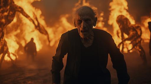 a scary old man walking in fire in between lizards, shot with arri alexa --ar 16:9