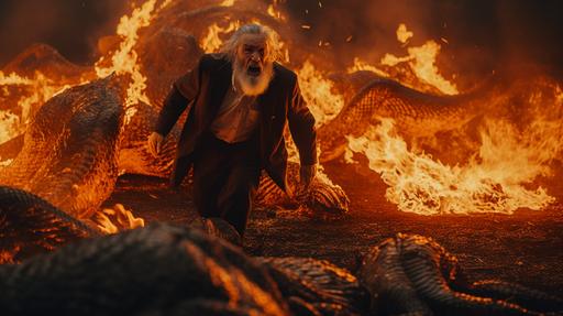 a scary old man walking in fire in between lizards, shot with arri alexa --ar 16:9