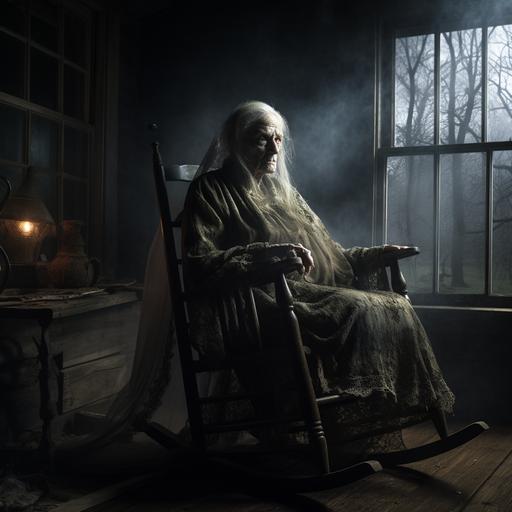 a scary old woman in a rocking chair staring out the window, you cannot see her face