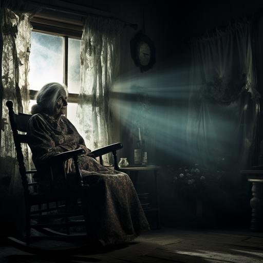 a scary old woman in a rocking chair staring out the window, you cannot see her face