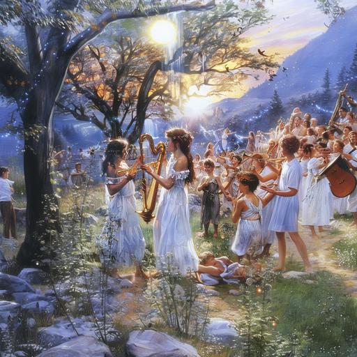 a scene from a magical dream, the scene has some spiritual journey vibes to it with people dancing and singing and small children dressed in white are playing beautiful instruments like horns and harps and violins, there is a presence of peace and love and the colors orange and purple. Nature and barefooted women, everything happening under a starry night sky being lit up by the life force of the celebration while you can see the whole vast area they are in --sref