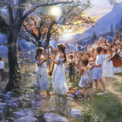 a scene from a magical dream, the scene has some spiritual journey vibes to it with people dancing and singing and small children dressed in white are playing beautiful instruments like horns and harps and violins, there is a presence of peace and love and the colors orange and purple. Nature and barefooted women, everything happening under a starry night sky being lit up by the life force of the celebration while you can see the whole vast area they are in --sref  --v 6.0