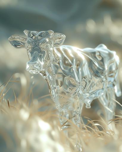 a scene of a cow standing in a field that is all made out of 3 dimensional glass, dramatic lighting, harsh shadows --v 6.0 --ar 4:5