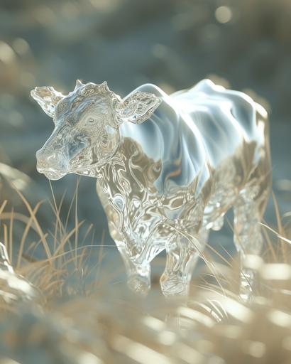 a scene of a cow standing in a field that is all made out of 3 dimensional glass, dramatic lighting, harsh shadows --v 6.0 --ar 4:5