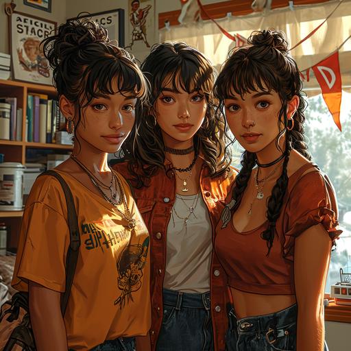 a scene of college girls of different ethnic backgrounds, one is half japanese and half white wearing a uc santa cruz t-shirt, one is half black and half white, a little stocky, with big curly hair, the last girl is half jewish and half black with olive skin with her hair tied back in a pony tail. the room is a modern dorm. it had two bunk beds. there's a mini fridge in the room, a rice cooker, and uc santa cruz posters on the walls. outside the window are international flags hanging over the quad. --s 750 --v 6.0