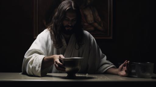 a scene of intense devotion and betrayal. A figure resembling a traditional depiction of a white Jesus is seen preparing a pitcher of Kool-Aid, his hands subtly adding a suspicious substance. His followers, oblivious to his actions, are captured in deep prayer, their eyes closed and hands clasped. the camera is positioned behind the figure of Jesus, capturing his actions in sharp detail while the praying followers are blurred in the background. The lighting is more dramatic, with the figure of Jesus illuminated against the darker background, highlighting his actions. The image is shot using a Nikon D850 DSLR, with a 70-200mm f/2.8 lens, capturing the scene in sharp detail. The resolution is 16K, with a 16:9 aspect ratio, and the style is raw, capturing the stark contrast between the leader and his followers. --ar 16:9 --v 5.1 --style raw --q 2 --s 750