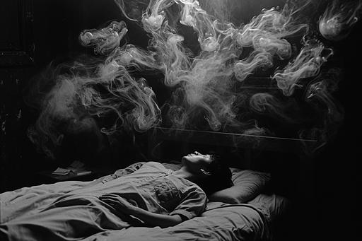 a scene set in a bleak, dark bedroom, capturing the essence of extreme isolation and deep-rooted sadness. The central figure lies motionless in bed, their face a portrait of acute despair. The room around them fades into near obscurity, but it's the hallucinations that dominate the scene, will-o'-the-wisp. These hallucinations are vivid and distressing, representing the severe impact of isolation. They manifest as spectral figures, faces, and scenes, swirling around the room in a chaotic yet silent dance, some appearing almost real, others more distorted and abstract. These apparitions seem to interact with the figure, exacerbating their sense of profound loneliness and sadness. The air in the room is thick with a sense of desolation and a desperate need for connection that remains unfulfilled, the surreal imagery underscoring the depth of the figure's mental and emotional anguish. --ar 3:2 --v 6.0