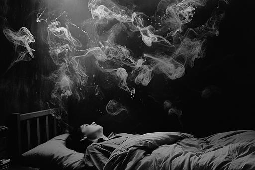a scene set in a bleak, dark bedroom, capturing the essence of extreme isolation and deep-rooted sadness. The central figure lies motionless in bed, their face a portrait of acute despair. The room around them fades into near obscurity, but it's the hallucinations that dominate the scene, will-o'-the-wisp. These hallucinations are vivid and distressing, representing the severe impact of isolation. They manifest as spectral figures, faces, and scenes, swirling around the room in a chaotic yet silent dance, some appearing almost real, others more distorted and abstract. These apparitions seem to interact with the figure, exacerbating their sense of profound loneliness and sadness. The air in the room is thick with a sense of desolation and a desperate need for connection that remains unfulfilled, the surreal imagery underscoring the depth of the figure's mental and emotional anguish. --ar 3:2 --v 6.0