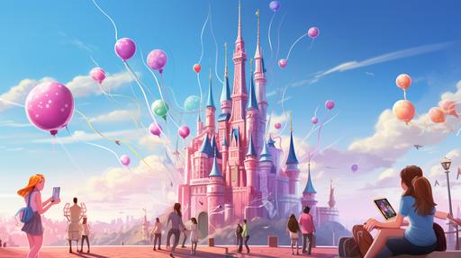 a scene that looks like it's out of a disney movie. characters are in front of a pink castle with cell phone towers. in the style of disney. animated. --ar 16:9