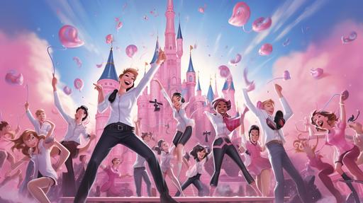 a scene that looks like it's out of a disney movie. characters are in front of a pink castle with cell phone towers. They're dancing and holding cell phones. the characters are wearing modern clothing. in the style of disney. animated. --ar 16:9