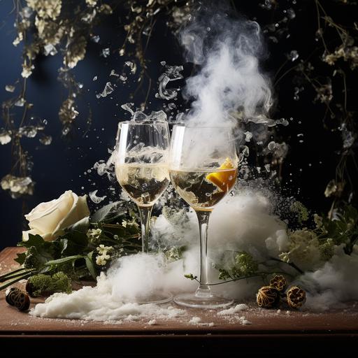 a scene with Vanilla pods, Prosecco in frosted Glass, Snow, Smoke Machine