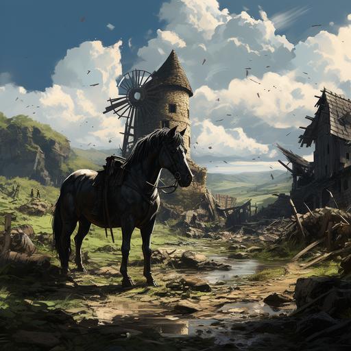 a scene with the animals, a black horse standing next to a destroyed stone windmill. --s 250