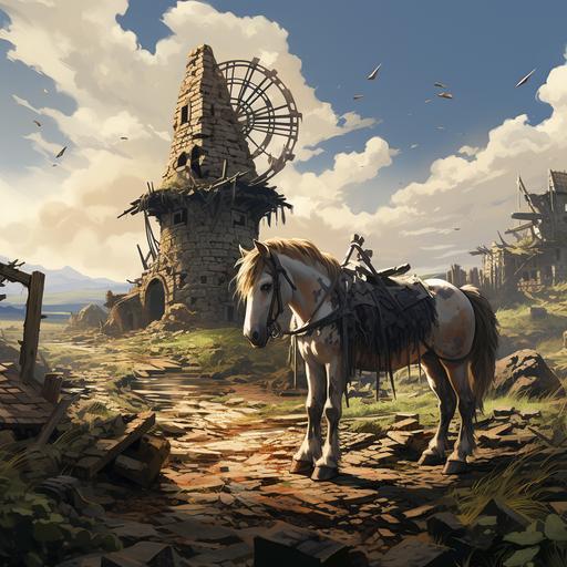 a scene with the animals, a horse standing next to a destroyed stone windmill. --s 250