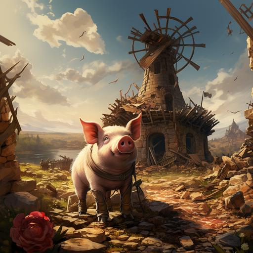 a scene with the animals, an evil pig standing next to a destroyed stone windmill. --s 250