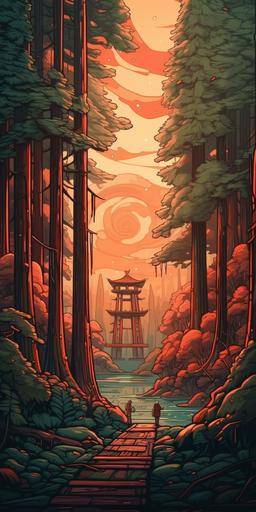 a scenic painting of mountains with some sequoia trees and rain, in the style of dan mumford, cliff chiang, ren hang, poster art, northwest school, light red and gray, columns and totems --chaos 10 --ar 1:2 --stylize 500 --v 5.0