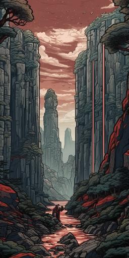 a scenic painting of mountains with some sequoia trees and rain, in the style of dan mumford, cliff chiang, ren hang, poster art, northwest school, light red and gray, columns and totems --chaos 10 --ar 1:2 --stylize 500 --v 5.0