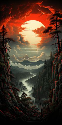 a scenic painting of mountains with some sequoia trees and rain, in the style of dan mumford, cliff chiang, ren hang, poster art, northwest school, light red and gray, columns and totems --chaos 10 --ar 1:2 --stylize 500