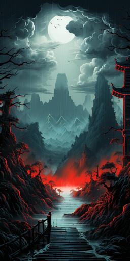 a scenic painting of mountains with some sequoia trees and rain, in the style of dan mumford, cliff chiang, ren hang, poster art, northwest school, light red and gray, columns and totems --chaos 10 --ar 1:2 --stylize 500