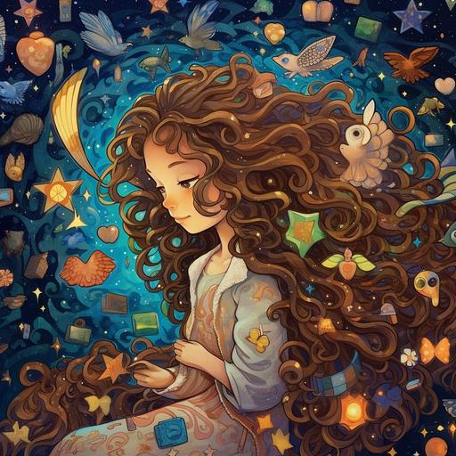 a school-aged girl, about 10-12 years old, with long, curly hair Surrounding her are heart-shaped puzzle symbols, a butterfly in flight, a shooting star and a winding path.