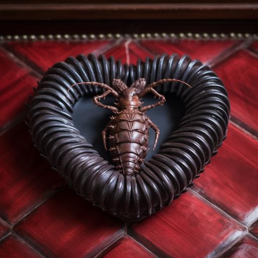 a scolopendra curled up in a heart-shaped bed in the house