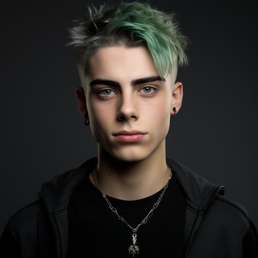 a scottish green haired eighteen year old boy with blue eyes with a unibrow and eyebrow and ear piercings wearing a chocker with a black shirt standing behind a grey background
