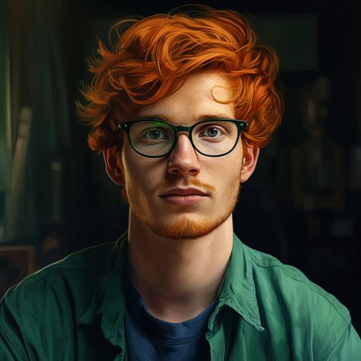 a scottish irish orange haired twenty year old nerdy boy having green glasses and wearing a blue long sleeve shirt