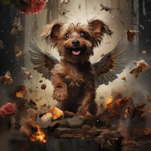 a scraggly whacky looking dog with angel wings and bombs going off