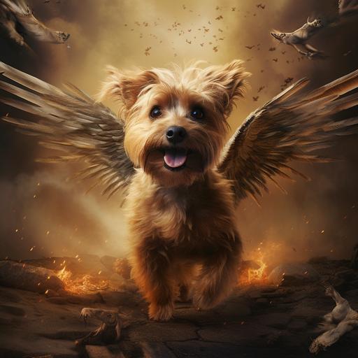 a scraggly whacky looking dog with angel wings and bombs going off