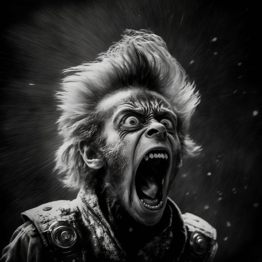 a screaming monkey, tight shot, in black and white, hyper real, on the moon, in the style of stanley kubrick, punk rock
