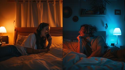 a screen split by a bed headrest of a woman and man talking to each other on the phone and laughing in their bedrooms, night time, warm light --ar 16:9 --v 6.0