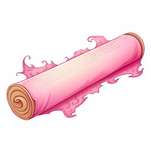 a scroll of parchment, cartoon style, pink parchment, horizontal, white background --s 50