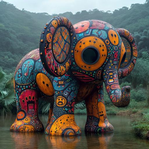 a sculpture of a highly stylized, very colourful and abstract cute elephant with big eyes, standing in a lake, the sculpture is made of big colourful balls and circles covered with bright African fabrics, some of them neon. Blurry, foggy jungle in the background. Cinematic still by Wes Anderson --v 6.0 --style raw --s 750