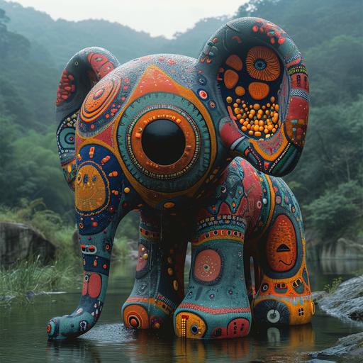 a sculpture of a highly stylized, very colourful and abstract cute elephant with big eyes, standing in a lake, the sculpture is made of big colourful balls and circles covered with bright African fabrics, some of them neon. Blurry, foggy jungle in the background. Cinematic still by Wes Anderson --v 6.0 --style raw --s 750