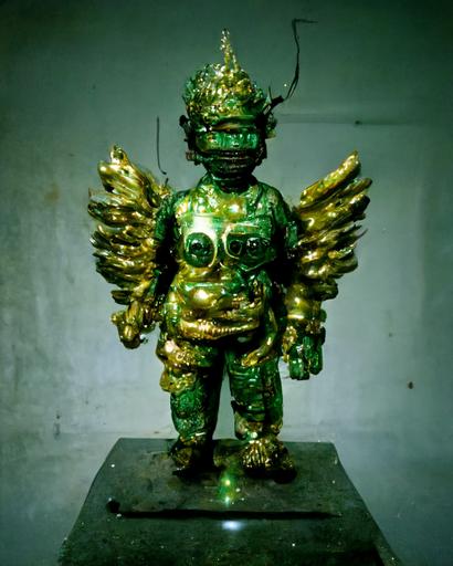 a sculpture of a muppet angel | statue of the japanese green goblin oni Zhelong Xu of the trail cam footage of cybernetic hyperpop, covered with cambodian metallic caligraphy --h 320 --test