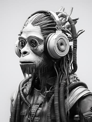 a sculpture of a portrait of a stylized monkey with headphones built with speakers and synths, black and white photography, white background, 8k --ar 3:4