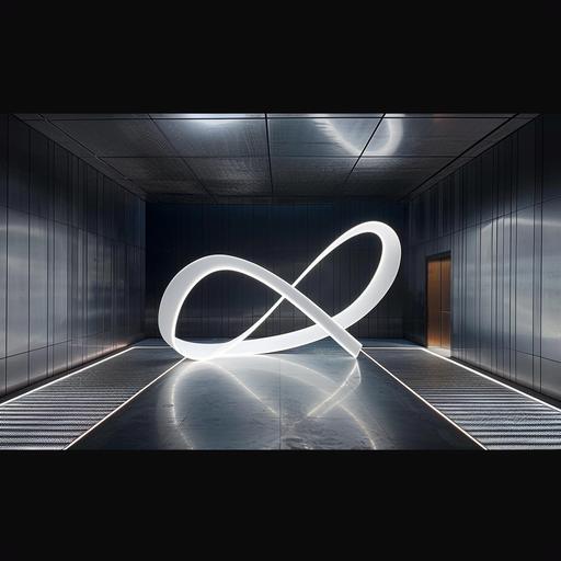 a sculpture of an endless loop located in hyper-modern art room, dark metal walls, precise led light panels on the floor, the sculpture seems to glow in bright white light from the top