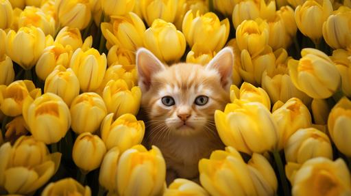a sea of alembic tulips in lemonade, with hidden kittens --ar 16:9