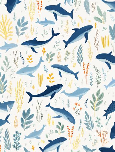 a seamless minimalist pattern of marine animals including whales, dolphins and sharks --ar 3:4