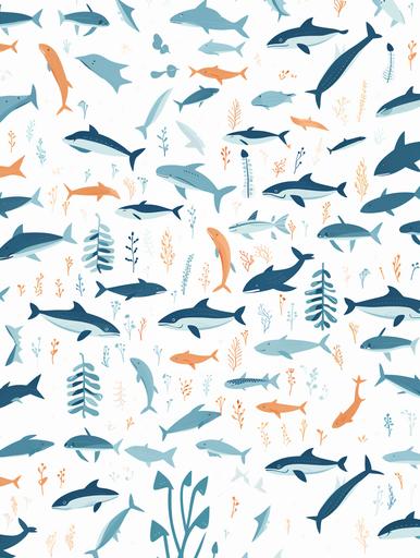 a seamless minimalist pattern of marine animals including whales, dolphins and sharks --ar 3:4