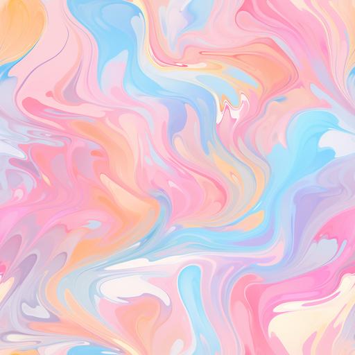 a seamless pattern of swirling fluid marble print with soft edges and use all peach, pink, lavender, blue, yellow pastels. 8k --tile