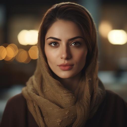 a seductive Iranian woman looking at the camera, extremely attractive, confident, as a realistic movie scene, portrait, 70mm lens, 16k, gold and white light, blurred background