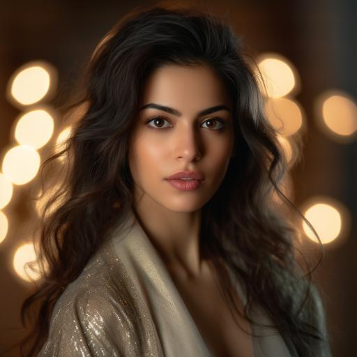 a seductive Iranian woman looking at the camera, extremely attractive, confident, as a realistic movie scene, portrait, 70mm lens, 16k, gold and white light, blurred background