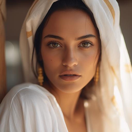 a seductive Morrocan woman looking at the camera, extremely attractive, confident, as a realistic movie scene, portrait, 70mm lens, 16k, gold and white light, blurred background