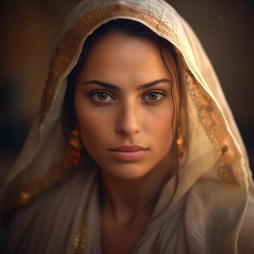 a seductive Morrocan woman looking at the camera, extremely attractive, confident, as a realistic movie scene, portrait, 70mm lens, 16k, gold and white light, blurred background