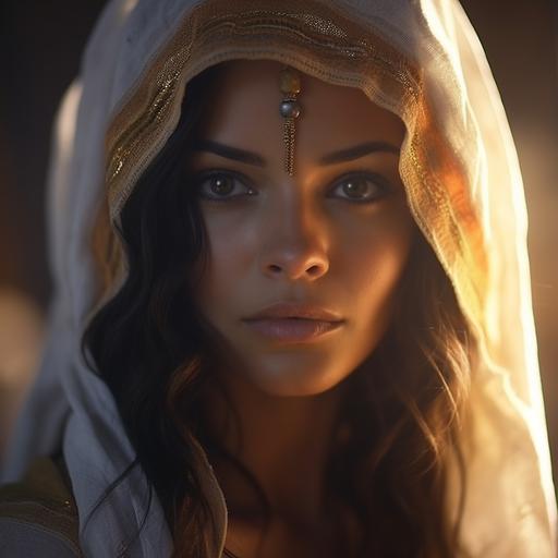 a seductive Morrocan woman looking at the camera, extremely attractive, confident, as a realistic movie scene, portrait, 70mm lens, 16k, gold and white light, blurred background