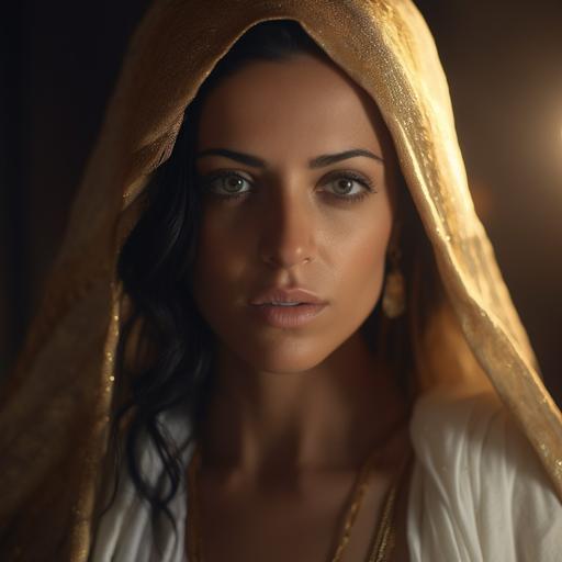 a seductive Morrocan woman looking at the camera, extremely attractive, confident, as a realistic movie scene, portrait, 70mm lens, 16k, gold and white light, blurred background