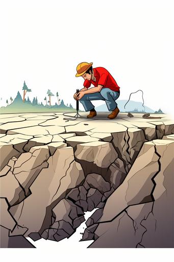 a seismologist observes an earthquake fault, disney cartoon style, white background, --aspect 2:3