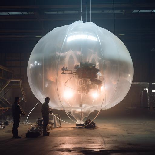a semi-transparent inflatable latex flattened sphere, funnel in one side, internal robotic and electronic components, public installation
