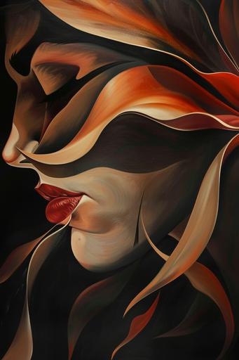a sensual dendrobium painting by georgia okeeffe of a portrait of a very old woman, art deco curves, dark bronze metallic colors, , motion, moody, dramatic light --ar 2:3 --v 6.0