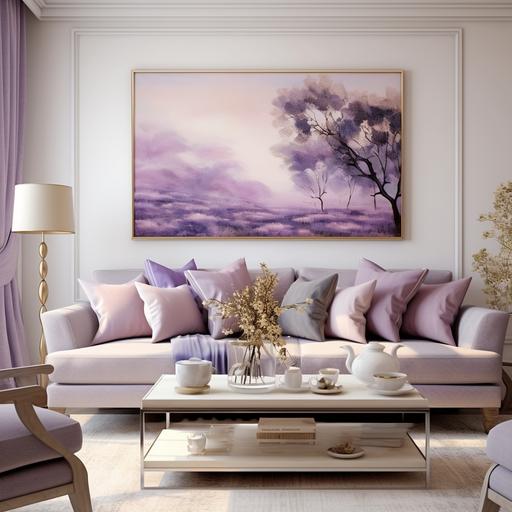 a serene amercian living room with light purple furniture and cushions, and light walls where it evokes the feeling of luxury and rich, a horizontal canvas wall art on the wall